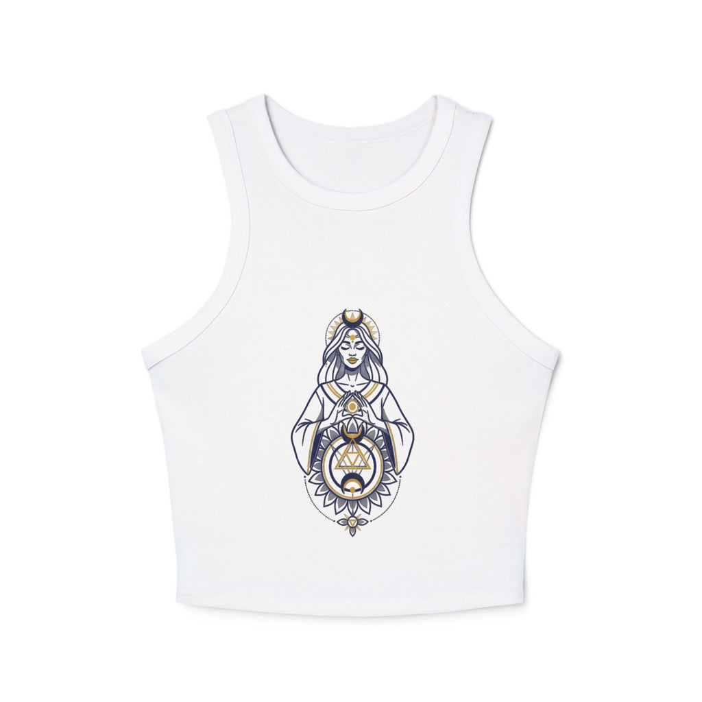 Modern Goddess Racer Tank Top — Women's Micro Rib Crop with Goddess Graphic
