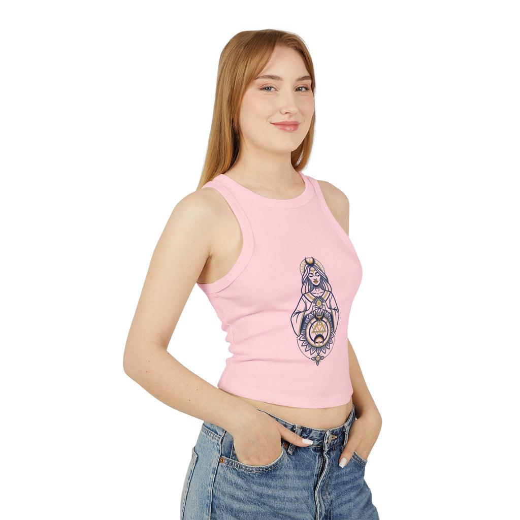 Modern Goddess Racer Tank Top — Women's Micro Rib Crop with Goddess Graphic
